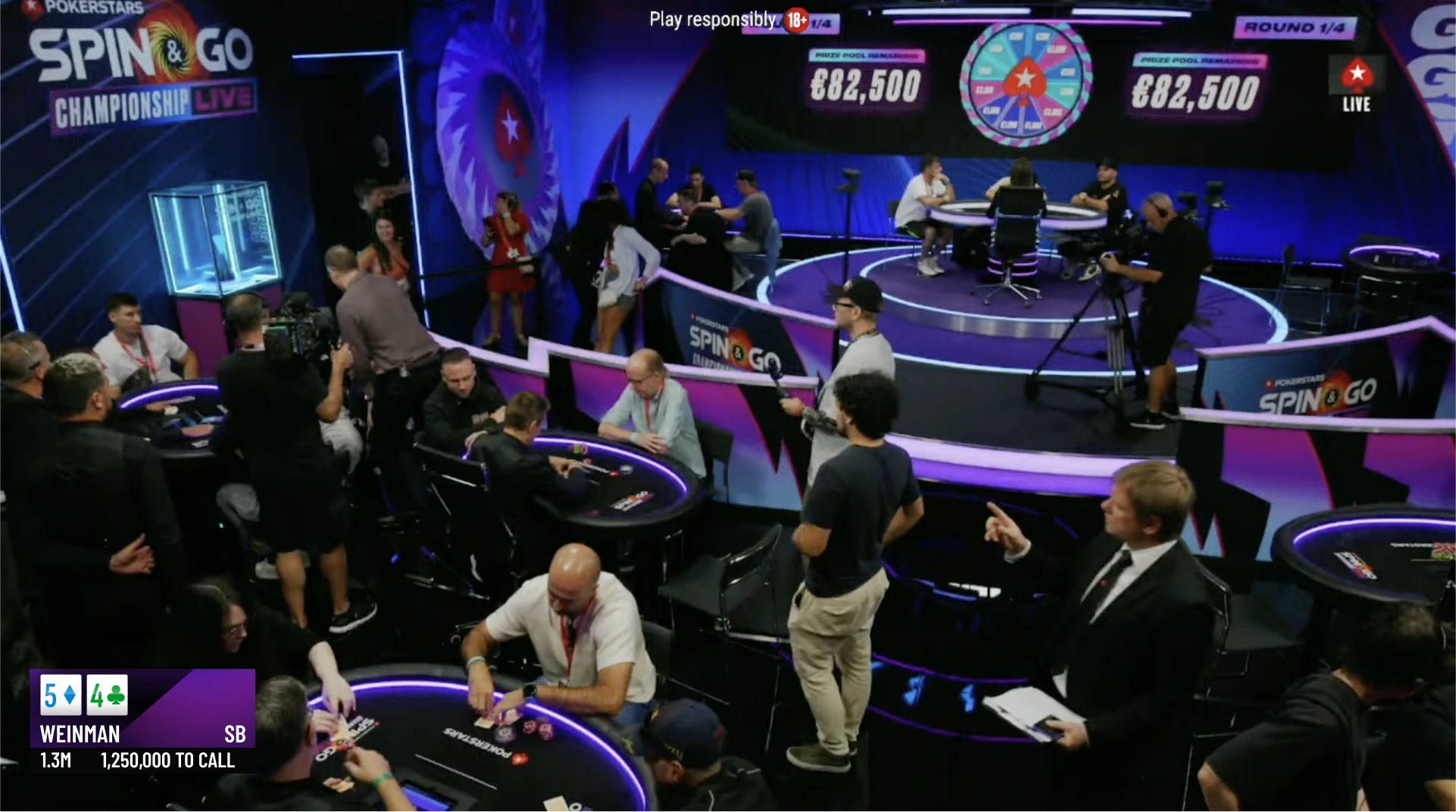 RF Studio overlay design on a complete multi-table broadcast, with player cards, stack and action in the lower left