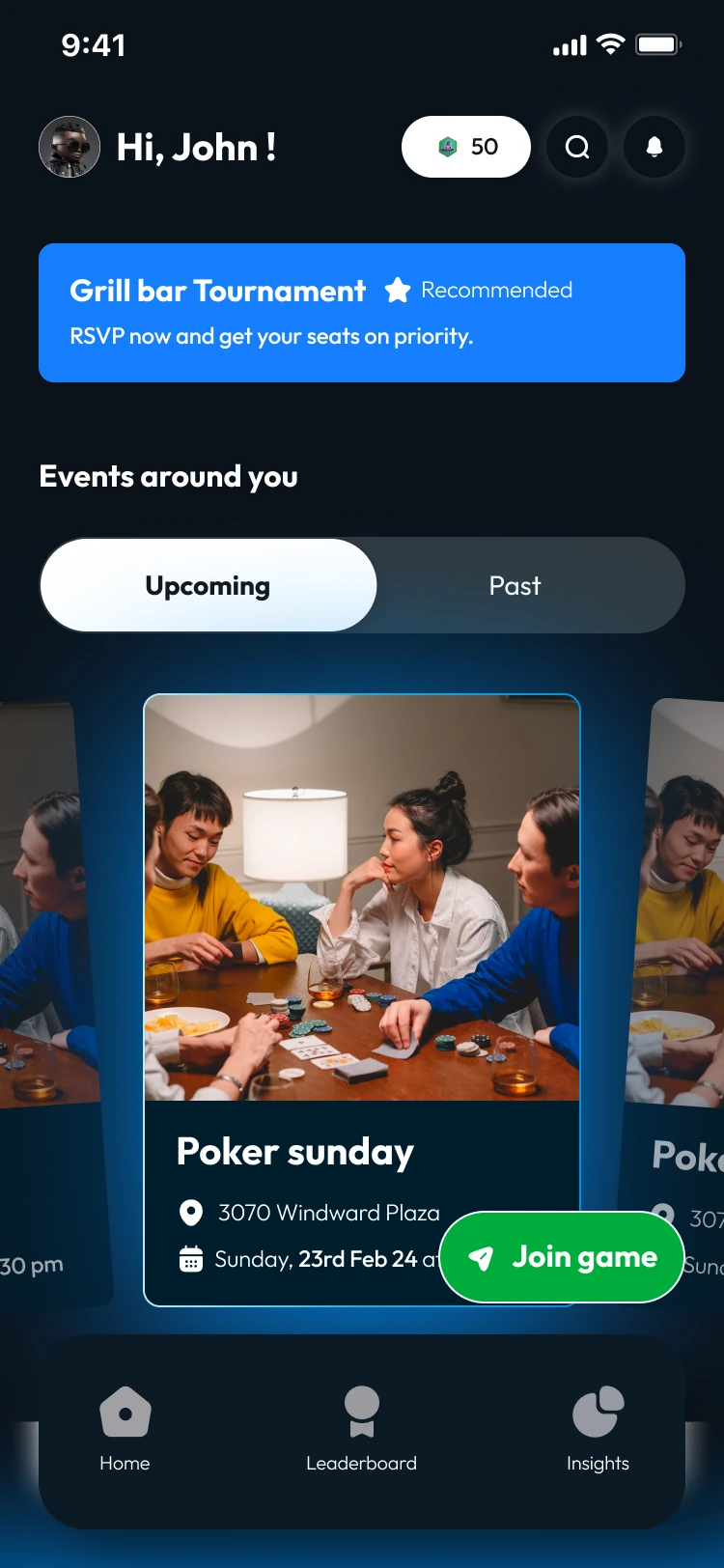 RF Mobile home showing a recommended tournament and nearby events