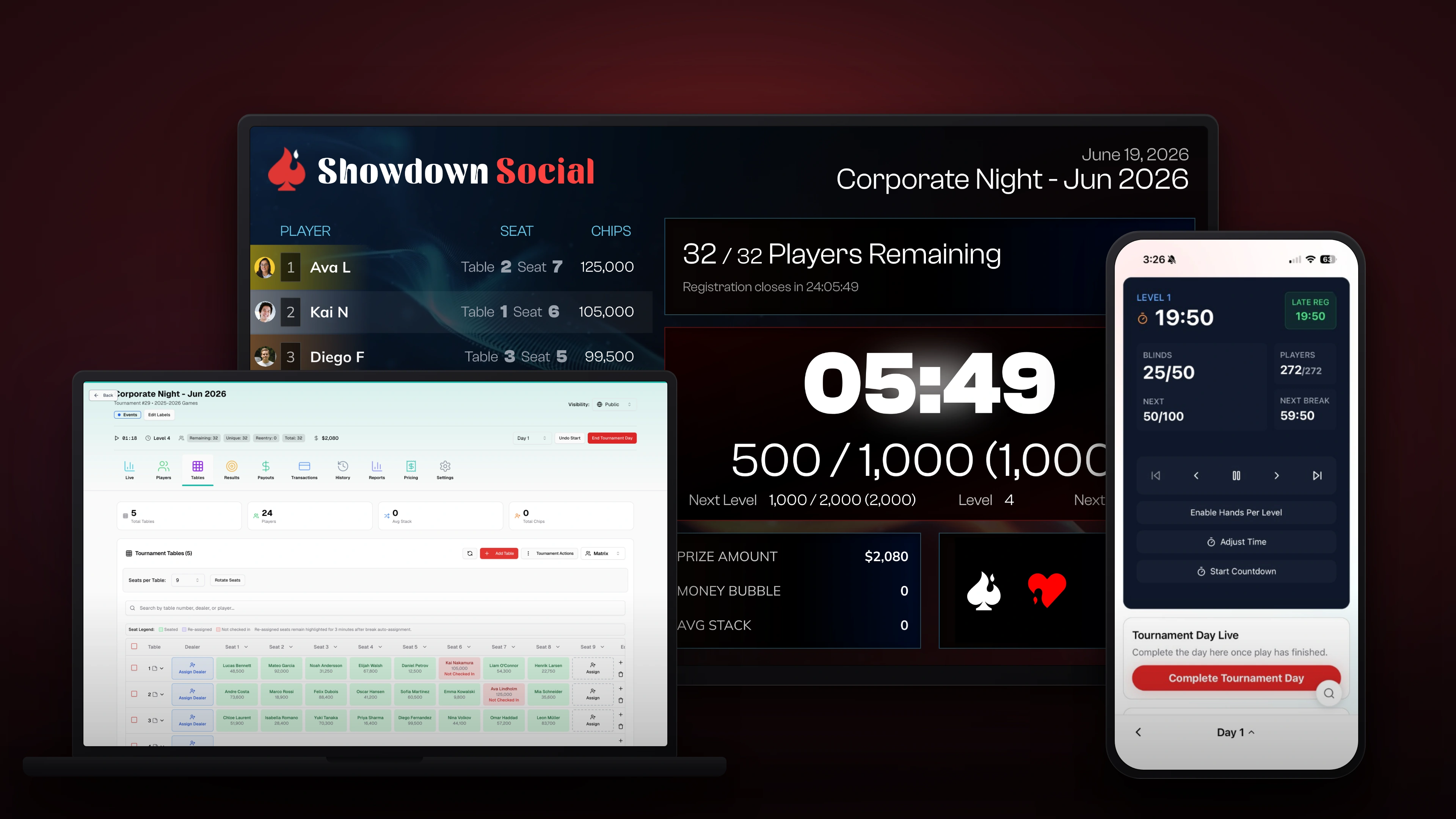 RF OS venue management across a laptop, venue display and phone, showing table seating, player standings and tournament controls at Showdown Social
